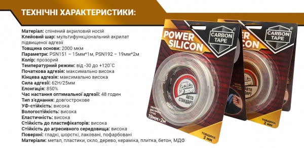 Двостороння клейка стрічка CARBON TAPE Power Silicon 15 мм 2 мм 1 м прозорий