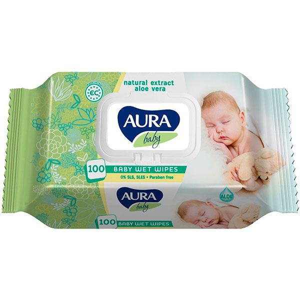 Дитячі вологі серветки Aura beauty Baby 97% води 100 шт.