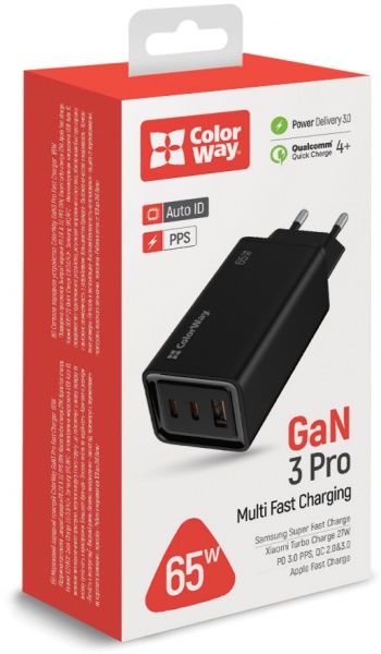 Зарядное устройство ColorWay GaN3 Pro Power Delivery (USB-A + 2 USB TYPE-C) (65W) black (CW-CHS039PD-BK) 