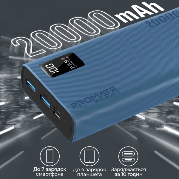Универсальная мобильная батарея Promate 20000 mAh blue (bolt-20pro.blue) 