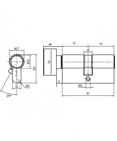 Цилиндр Paladii ST ПЦ149 32х53 ключ-вороток 85 мм сатин