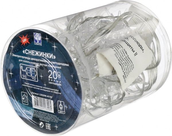 Электрогирлянда линейная внутренняя встроенный светодиод (LED) 20 ламп 3м Снежинки белые LD020W-AY/SF 