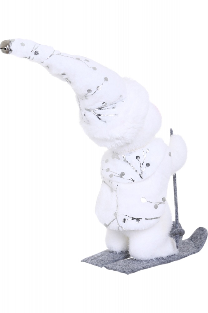 Декорация новогодняя снеговичок на лыжах флок белый 17х30 см