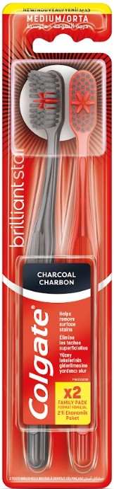 Зубная щетка Colgate Brilliant Star Макс Блеск с древесным углем средняя 2 шт.
