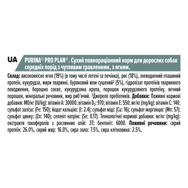 Корм сухой для собак с чувствительным пищеварением для средних пород Pro Plan Medium Sensetive с ягненком 14 кг