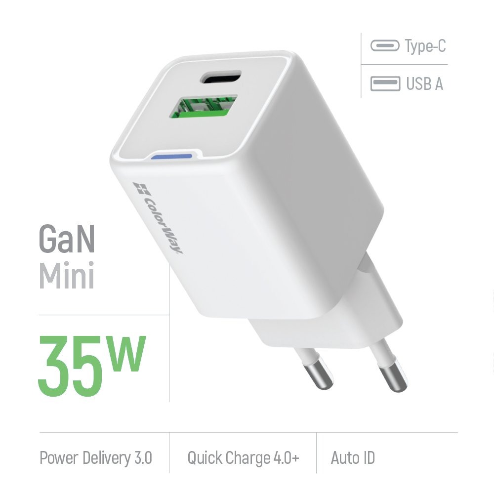 Мережевий зарядний пристрій ColorWay GaN Mini 35W PD Port PPS USB (Type-C PD + USB QC4.0) білий (CW-CHS055PD-WT)