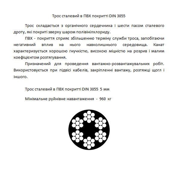 Трос оцинкований з ПВХ покриттям 5 мм 20 пог.м DIN 3055