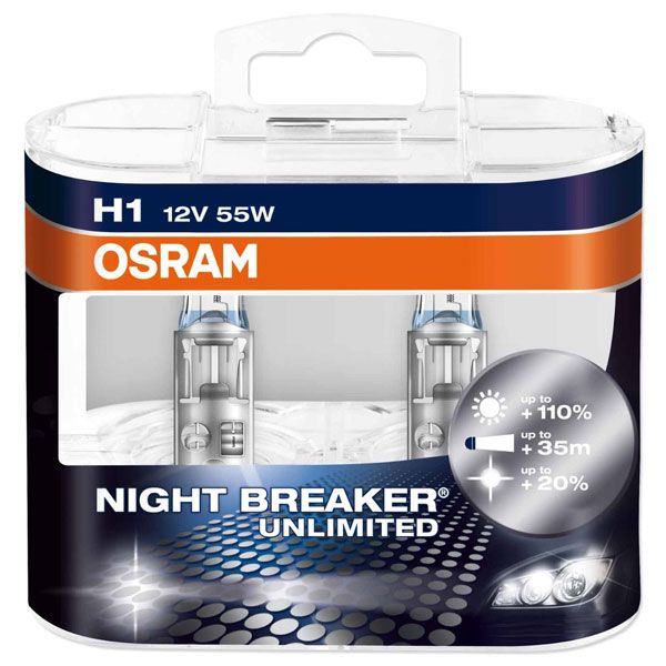 Лампа галогенная OSRAM NIGHT BREAKER® UNLIMITED H1 P14.5s 12 В 55 Вт 2 шт 3950 K