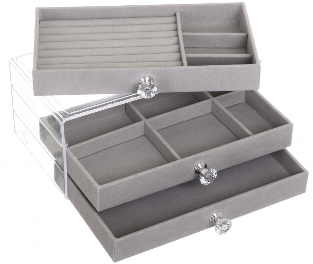 Шкатулка для украшений Velvet трьохрівнева 13.5х23.5х10.5 серая