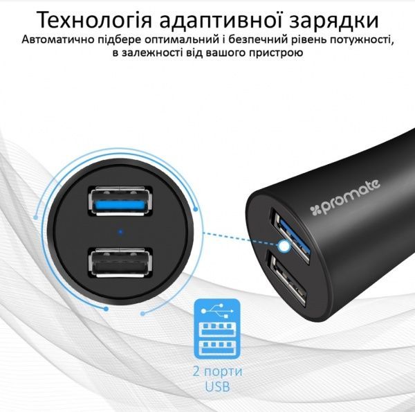 Автомобильное зарядное устройство Promate Robust-QC3 30Вт USB QC3.0 + USB 2.4A Black