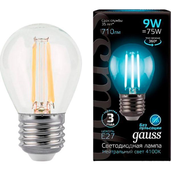 Лампа світлодіодна Gauss Black FIL G45 9 Вт E27 4100 К 220 В прозора 