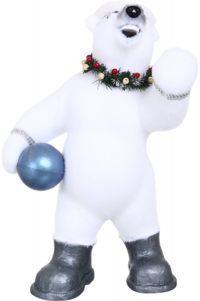 Декорация новогодняя медведь игривый с мячом белый 27х40х57 см