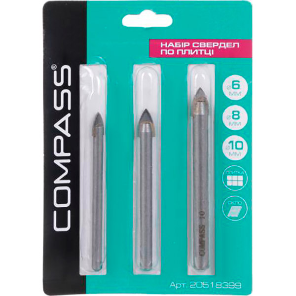 Набір свердел по плитці Compass 6-8 мм 3 шт. 6,8,10