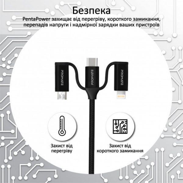 Кабель Promate USB Type-C – USB Type-C 1,2 м чорний (pentapower.black) microUSB/Lightning 