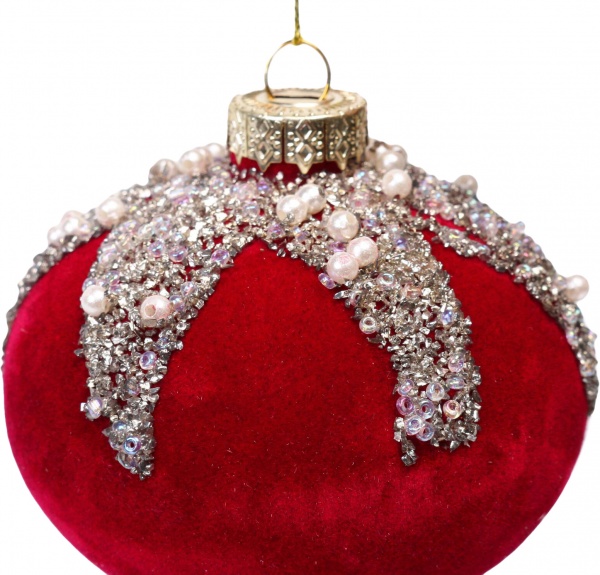 Шар новогодний флокированный в ассортименте 80 мм белый с красным