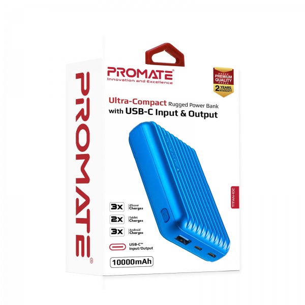 Универсальная мобильная батарея Promate 10000 mAh blue (titan-10c.blue) Titan-10C 10000 мАч, USB-C, USB-A 