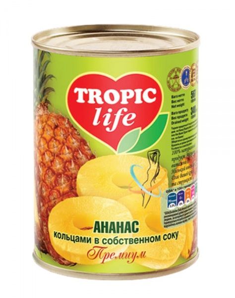 Ананаси Tropic Life кільцями у власному соку 580 мл 565 г