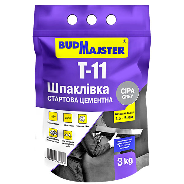 Шпаклевка BudMajster T-11, Cтартовая цементная серая, 3кг