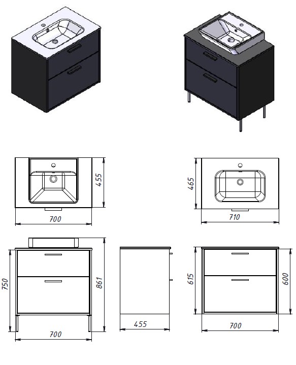 Тумба ЮВЕНТА Afina 70 см Антрацит под столешницу или умывальник Piedra 70