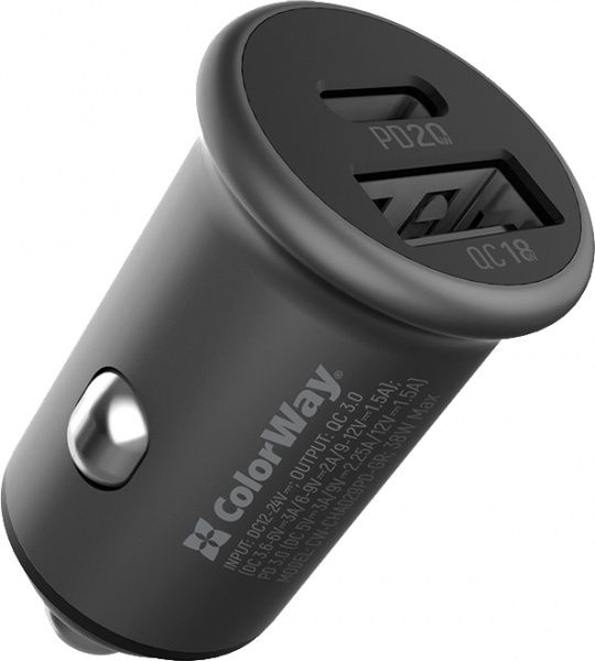 Автомобільний зарядний пристрій ColorWay 2USB Type-C PD20 W / USB QC3.0 (38 W) CW-CHA029PD-GR