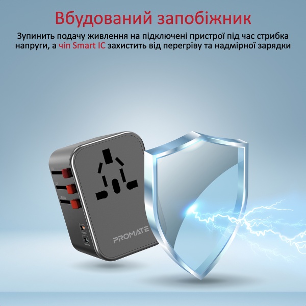 Сетевой адаптер Promate TripMate-33W EU/US/UK/AUS на EU/US/UK/AUS, 2хUSB-С+3хUSB-A 33.5 Вт total Black (tripmate-33w.black) 