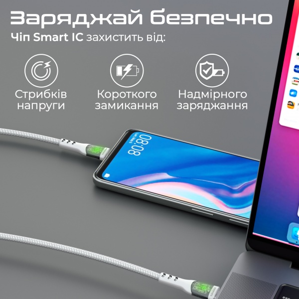 Кабель Promate TransLine-CC USB-C to USB-C 60W Power Delivery 1,2 м білий (transline-cc.white) 