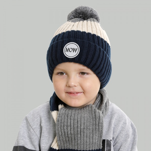 Комплект шапка + шарф для хлопчиків Elf-kids Родріго р.48-50 синій/бежевий/сірий 