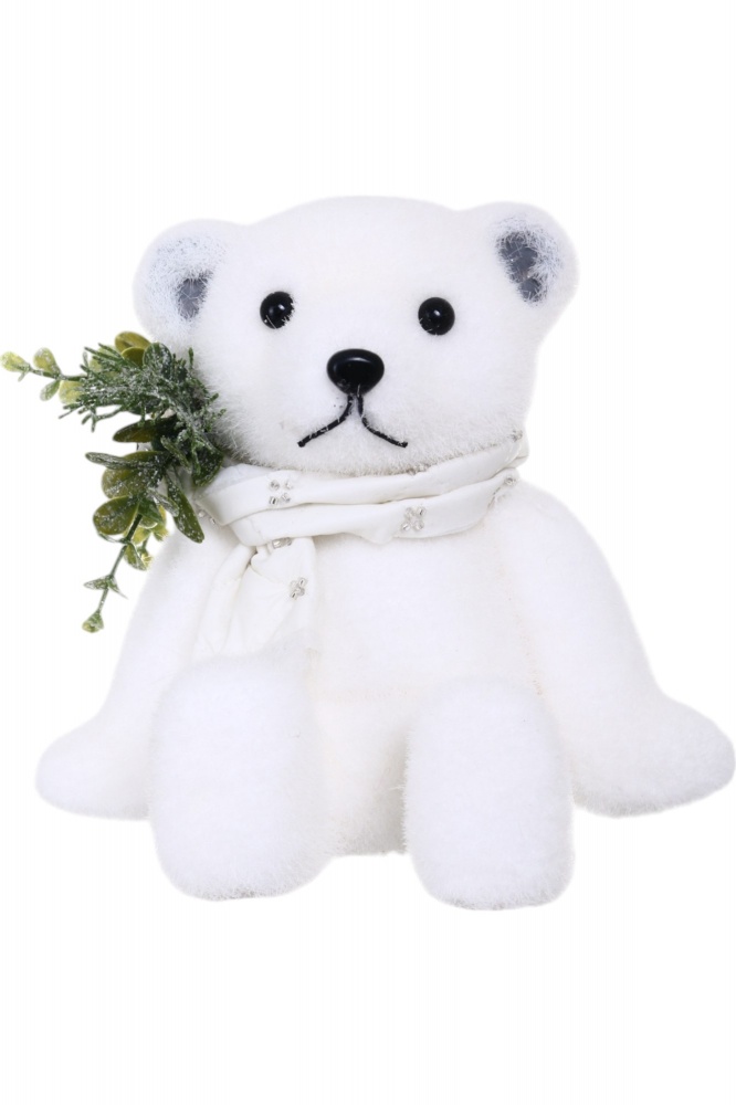 Декорація новорічна ведмежа сидячий з декором білий 15х18 см