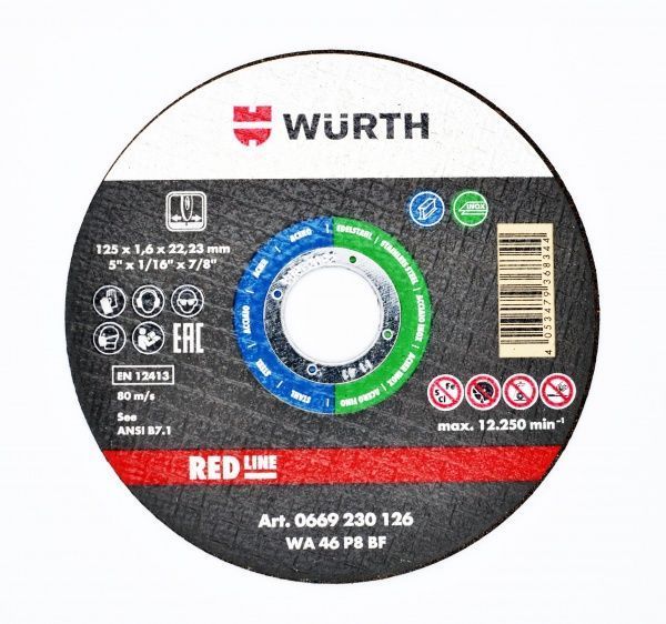Круг відрізний по металу по нержавіючій сталі WURTH Red Line 125 x1,6x22,2 мм 0669230126