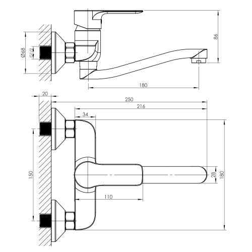 Змішувач для умивальника Imprese HORAK настінний монтаж, хром