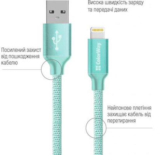 Дата-кабель ColorWay Lightning – USB 1 м зелений (CW-CBUL004-MT) 