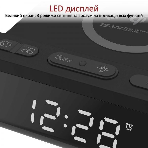 Бездротовий зарядний пристрій Promate TimePad-Qi з годинником-будильником 15 Вт Black