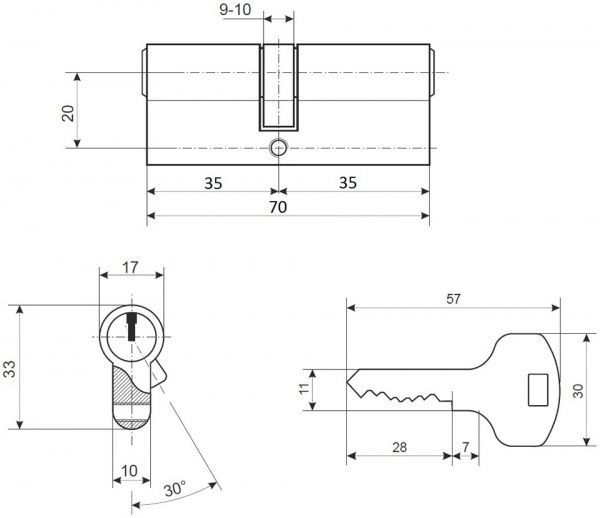 Цилиндр Apecs EC-70-NI (CIS) 35x35 ключ-ключ 70 мм хром