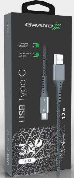 Кабель Grand-X USB-type C 3A Fast Сharge 1,2 м grey (FC-12G)