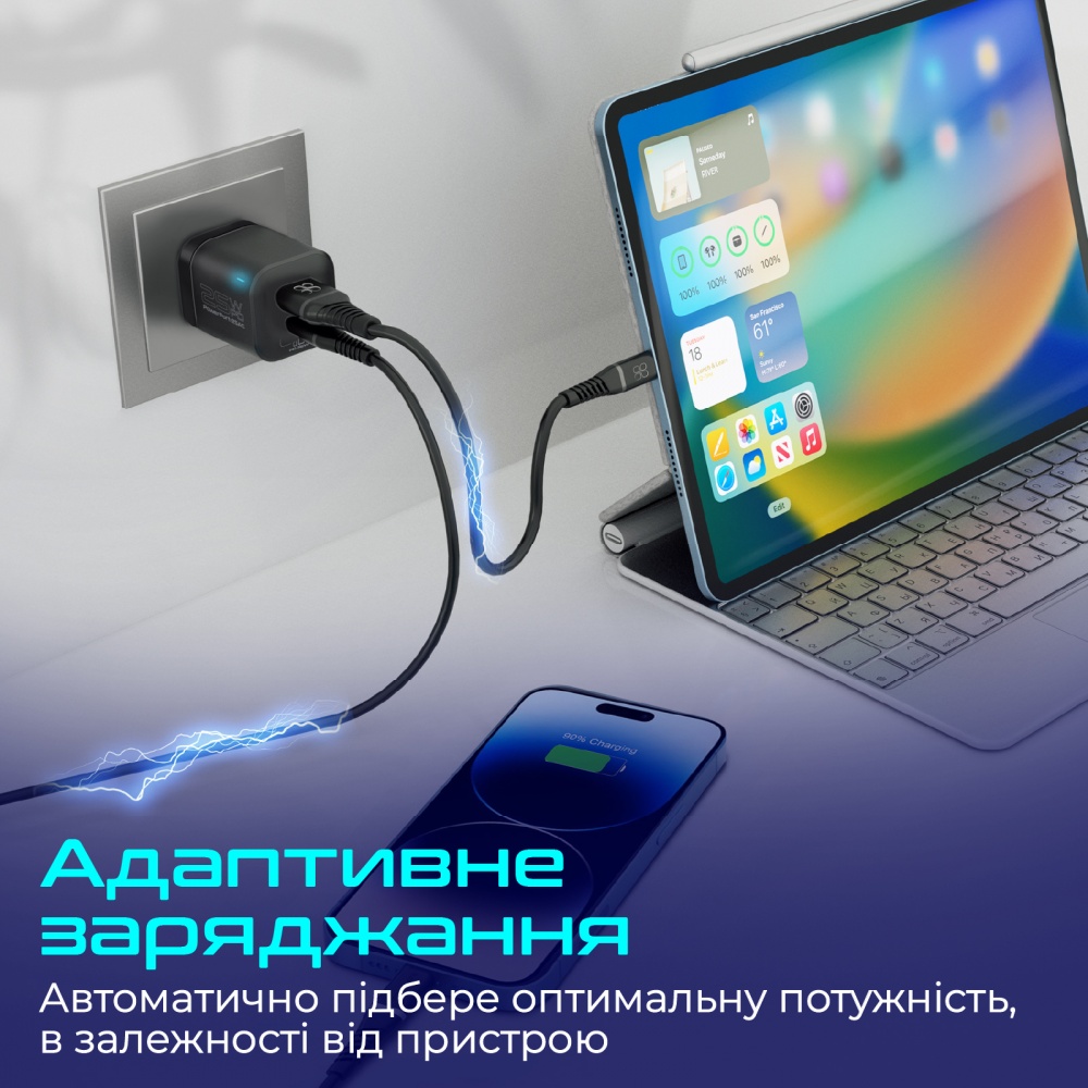 Сетевое зарядное устройство Promate PowerPort-25AC USB-C, USB-A Black (powerport-25ac.black)