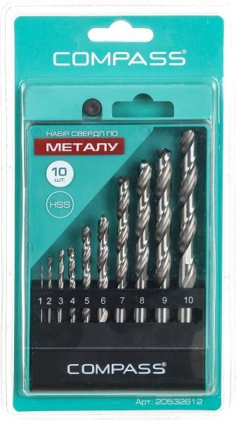 Набор сверл по металлу Compass 1-10x49-133 мм 10 шт.