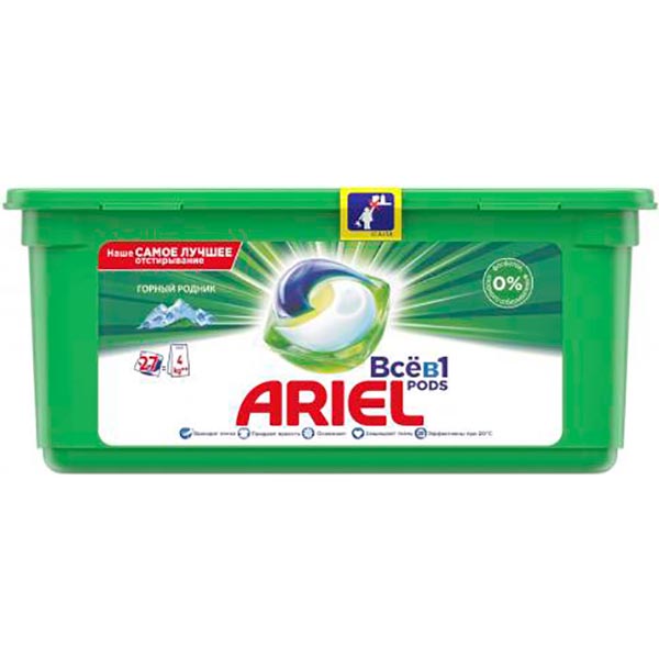 Капсулы для машинной стирки Ariel Pods Все-в-1 Горный Родник 27 шт.