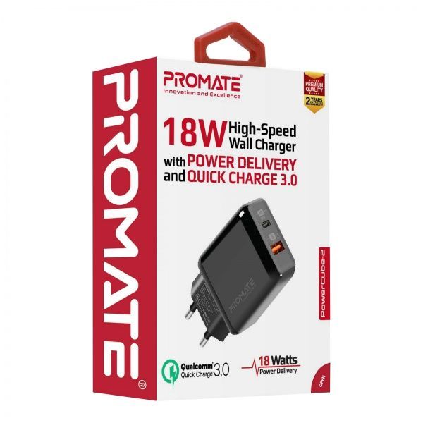 Зарядний пристрій Promate PowerCube-2 18Вт Type-C PD + USB QC3.0 Black