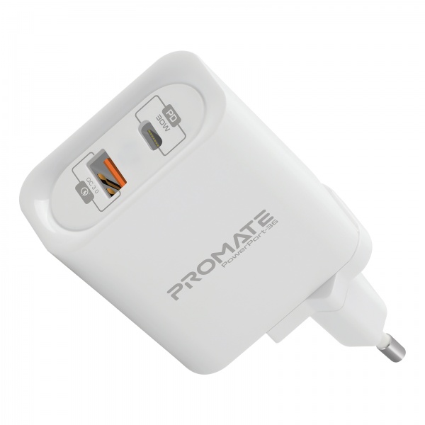 Зарядное устройство Promate PowerPort-36 36Вт Type-C PD + USB QC3.0 White 