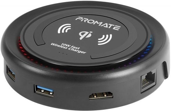 USB-хаб Promate CenterHub USB-C PD/10W Wireless Charger/HDMI/2xUSB 3.0/USB-C 3.1/RJ45 Black