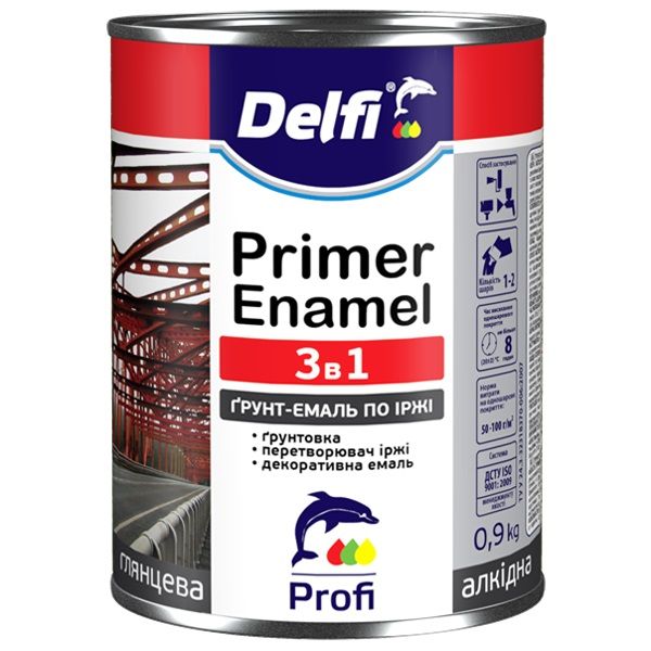 Ґрунт-емаль Delfi на іржу 3 в 1 червоний глянець 0,9л 1кг
