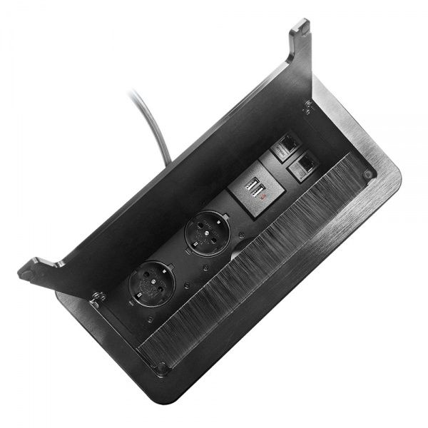 Розетка портативна меблева подвійна із заземленням ORNO врівень шуко з кришкою чорний OR-AE-13125/B(GS)