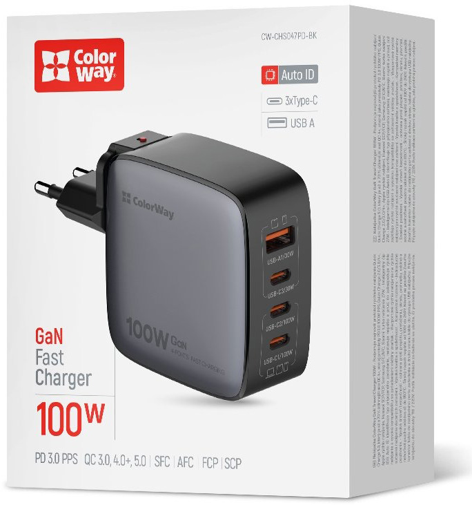 Сетевое зарядное устройство ColorWay Power Delivery GaN (USB-A + 3USB TYPE-C) (100W)