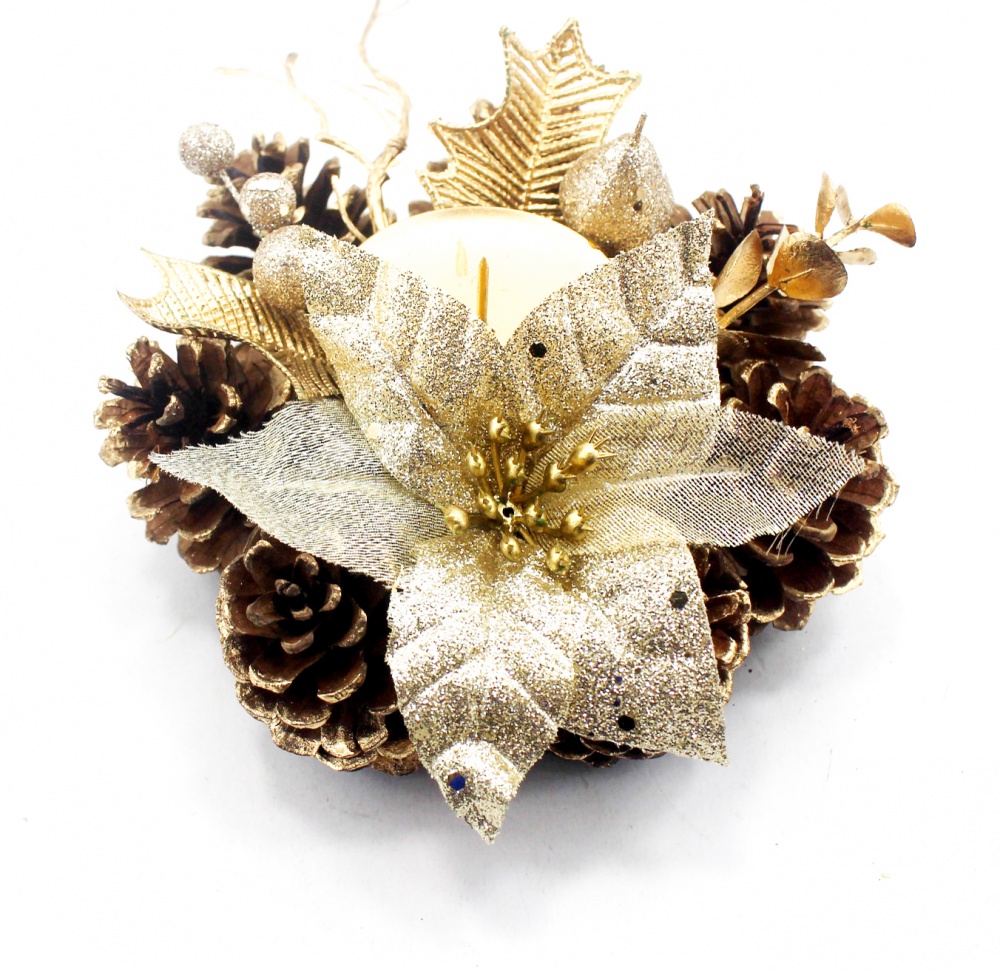 Декорация новогодняя подсвечник с шишками, пуансетией W01-1286/11