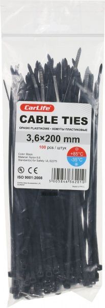 Стяжка кабельна CarLife чорний, уп. 100 шт. 3,6х200мм