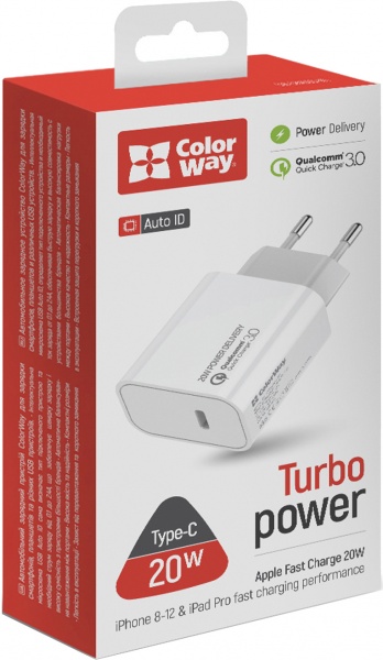 Зарядное устройство ColorWay Power Delivery Port USB Type-C 20W V2 white (CW-CHS026PD-WT) 