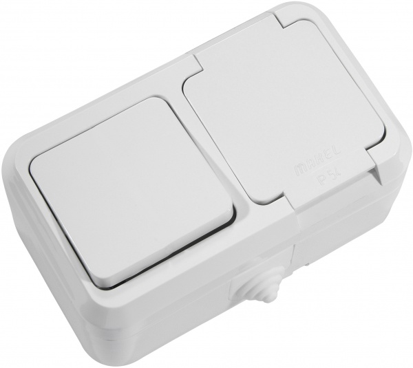 Розетка + выключатель с заземлением Makel IP44 без шторок с крышкой белый 18350