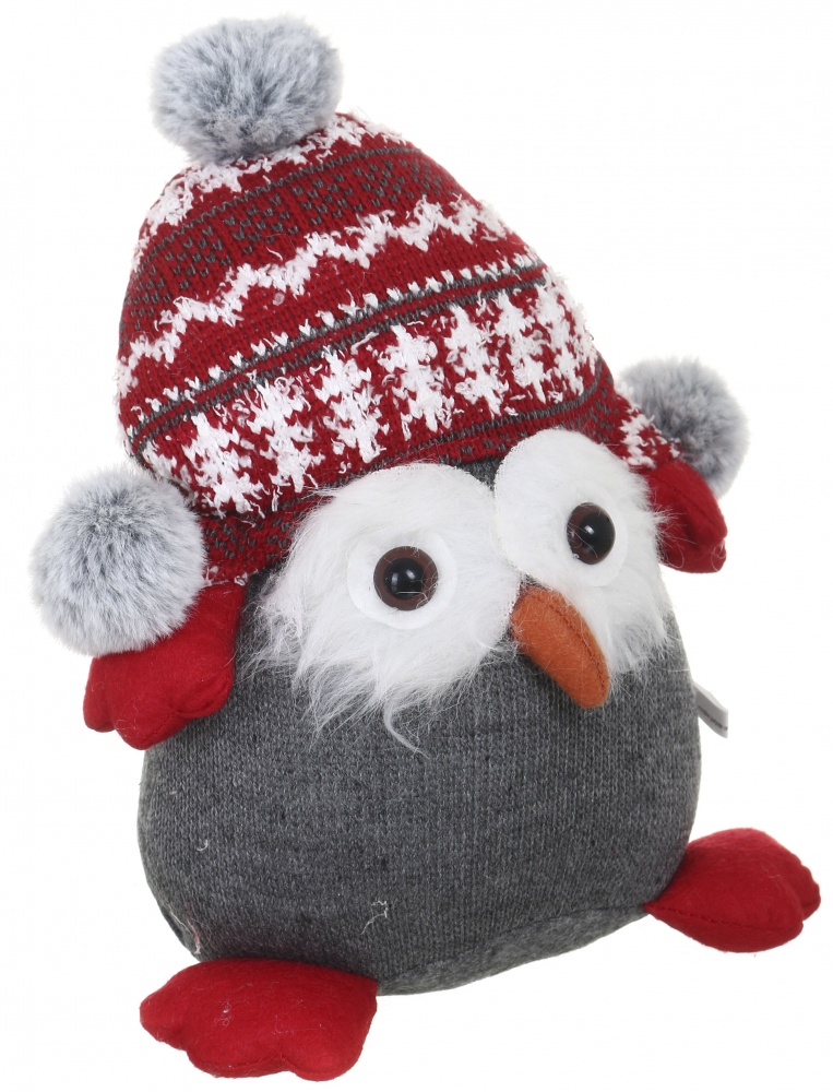 Декорация новогодняя сова в шапке-ушанке красно-серая 24 см LF2230053
