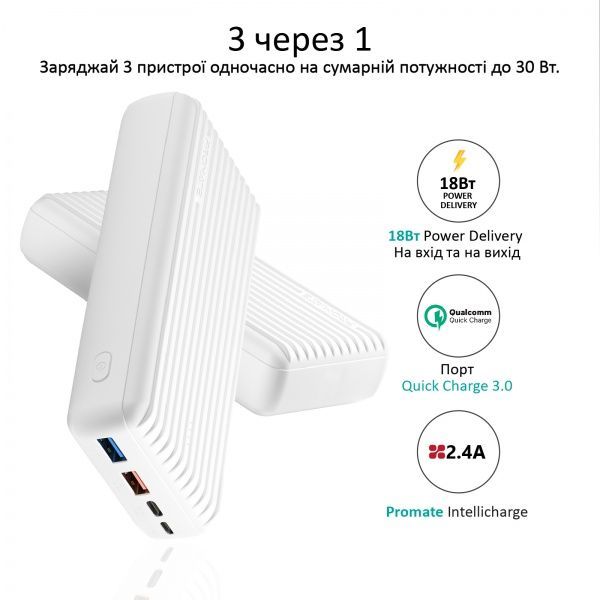 Зовнішній акумулятор (Powerbank) Promate Titan-30 30000 mAh white (titan-30.white) 