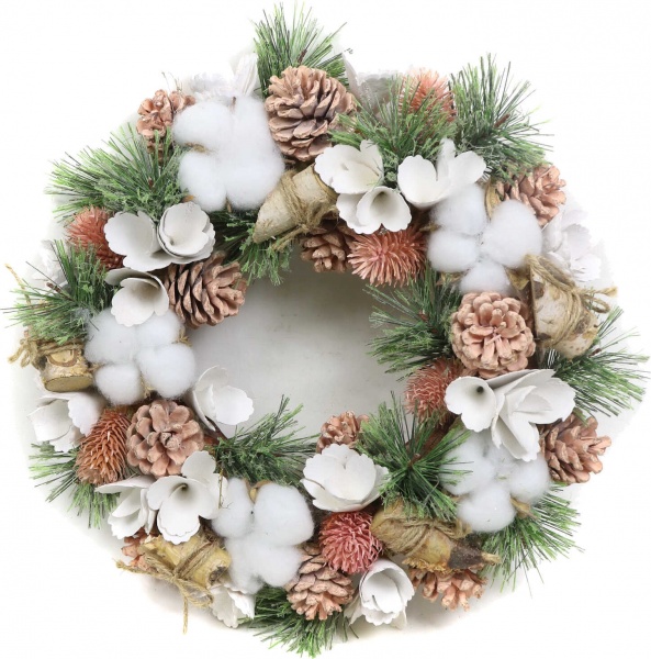 Венок хвойный New Star с шишками, цветами и хлопком d340 мм C320346 